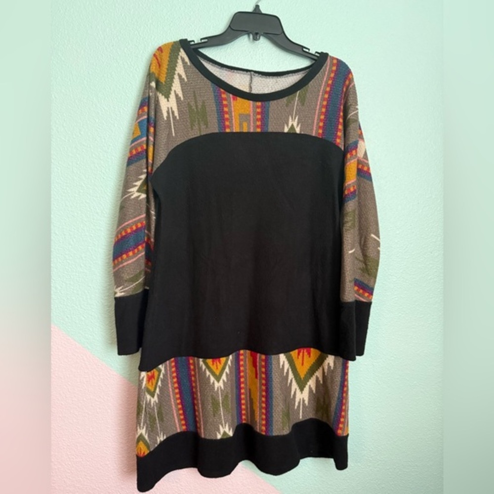 Vintage Southwestern Aztec Sweater Dress XL Boho Western‎ Oversized Knit Tunic